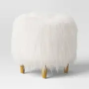 Threshold Faux Fur Ottoman Round Cottage Wood Living Room Bedroom Cream