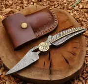 Damascus Leaf Folding Knife With Leather Sheath Best Camping & Pocket Knife