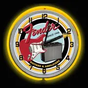 19" FENDER GUITAR AMP Yellow Double Neon Clock Mancave Garage Guitars Music Band