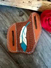 GENUINE LEATHER HAND MADE POCKET KNIFE POUCH with PAINTED FEATHER - AUS Made