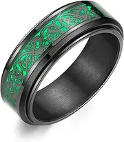 [Adreamz] 8mm Black Stainless Steel Anxiety Ring for Women Men Fidget Spinner Ring Beveled Edge Green Celtic Dragon Inlay Comfort Fit Wedding Band