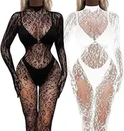 SEXYTINE Women's Long Sleeve Open Low Cut Body Stocking Women's Mesh Bodystocking Off The Shoulder Fishnet Bodysuit