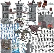 Military Soldier Playset, 412 PCS Toy Soldiers Medieval Dragon Toy Set Army Men Pirate Castle Model Assembly for Boys, Assembled Castle Toys with Storage Bag,2 Dragons, 2 Bridges, 1 Map