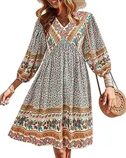 [BTFBM] Women Casual Spring Summer Dresses V Neck 3/4 Long Sleeve Ruffle Floral Flowy Boho Babydoll Mini Short Beach Dress