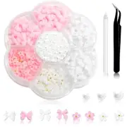 600Pcs Bow Nail Charms and Flatback Pearls,White Pink Bowknot 3D Cute Nail