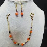 Handmade Amethyst And Carnelian Beaded Gold Filled Bracelet Earrings Jewelry Set