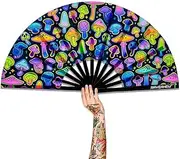 Raveahem UV Glow Rave Fan, Bamboo Folding Clack Hand Fan for Men Women (Magic Mushrooms, Medium 11")