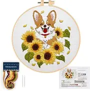 Full Rang Puppy Embroidery Starter Kit for Beginner with Mushroom Pattern, Stamped Cross Stitch Starter Kit for Adults, DIY Art Needlepoint Embroidery Kit with Instruction, Needle and Threads (yellow)