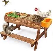 Chicken Picnic Table, Chicken Feeder No Waste Handmade Carbonized Wooden, Large DIY Chicken Feeder Kit, Wild Bird, Duck & Squirrel Feeders, Mesh Bottom Keep Food Fresh and Dry Easy to Clean and Fill