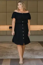 Belle Off Shoulder Button Through Dress--BLB-496