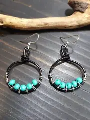 UNIQUE SM/MED BLACK WIRE LOOP DESIGN/TURQUOISE BEADS/SILVER WIRE WRAP EARRINGS