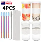 2/4PCS 710ml Reusable Boba Cup Bubble Tea Cup Drinking Bottle w/Lid & Cap& Straw