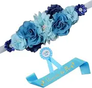 [Nishine] Blue Maternity Flower Sash Belt Pregnancy Belt for Mom to be Baby Shower Girls Bridesmaid Sash Belt