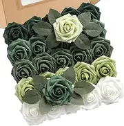 Koroni Flowers Rose Artificial Flowers 25pcs Shades of Forest Ombre Colors Foam Fake Roses with Stems for DIY Wedding Bouquets Bridal Shower Centerpieces Party Tables Home Decorations