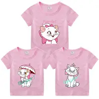 在飛比找蝦皮購物優惠-瑪麗貓女孩T卹粉色 貴族貓印花童裝 兒童短袖上衣 夏季透氣童