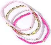 [Pingyongchang] Bohemian Multilayers Pink Beads Anklets Set for Women Acrylic Stretch Heart Ankle Bracelets Handmade Elastic Foot and Hand Chain Beach Party Holiday Jewelry, 1, Acrylic Resin Zinc, no