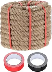 sourcing map Jute Rope 1.1 Inch x 49ft, Heavy Natural Thick Twisted Rope with 2 Roll Tapes for Crafts Railing Docks Tug of War Swing Nautical Landscaping