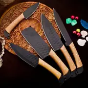 Custom Handmade Carbon Steel Kitchen Knife Set With Leather Sheath