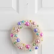 World Market Snowy White Retro Bottlebrush Flocked Wreath W/ Pastel Baubles NEW