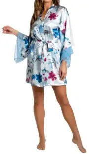 Linea Donatella Women's Ayanna Satin Lace-Trim Robe - Blue S/M, MSRP $58