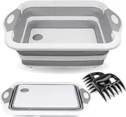 Collapsible Cutting Board,Butcher Block with 2 Meat Ripper,Portable Wash Vegetable Basin,Collapsible Dish Tub,Sink Storage Basket,for Kitchen Home, Gray