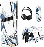 PlayVital Full Set Skin Stickers for ps5 Pro Console Digital & Disc, Vinyl Decal Wrap Accessories for ps5 Controller & Headset & Charging Station & Media Remote, The Great Wave Off Kanagawa