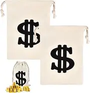 [AONAYO] Pack of 2 Money Bags, Money Bag Costume, Purse with Dollar Sign, Coin Bag, Thief Money Bag with Drawstring, Canvas Purse for Scavenger Hunts, Western Cowboy Costume Accessories