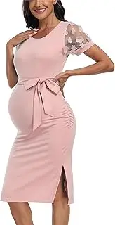 [VmSlyii] Floral Mesh Bishop Short Sleeve Maternity Midi Dress, Side Split Maternity Bodycon Dress for Baby Shower/Photoshoot