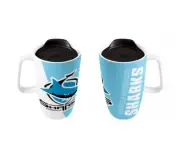 127161 CRONULLA SHARKS NRL TEAM LOGO 500ML CERAMIC TRAVEL MUG WITH HANDLE