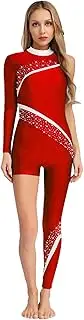 [Yihuimin] Women's Ice Skating Unitard Shiny Rhinestone One Long Leg Gymnastics Leotards Jumpsuits