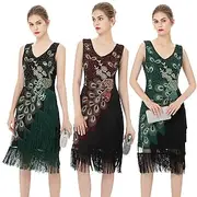 The Great Gatsby Peacock Flapper Dress Retro Vintage Roaring 20s 1920s Cocktail Dress Women's Sequins Tassel Fringe Costume Cosplay Formal Evening Sleeveless M