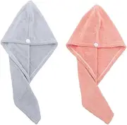 COLLBATH 2pcs Super Absorbent Hair Drying Caps Quick-drying Turbans for Pink Grey Coral Fleece Material Easy Use Design Women