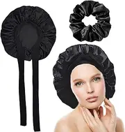RNXSIB 1 x Silk Bonnet for Sleeping and Hair Circle, Satin Hair Cap for Men and Women, Double Silky Soft Bonnet, Silk Hood with Wide Elastic Band, Adjustable Wide Band for Attaching to The Head Black