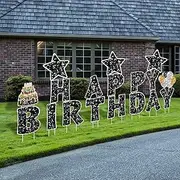 Jetec 18 Pieces Happy Birthday Yard Signs with Stakes, 16 Inches Birthday Outdoor Lawn Signs, Cake Balloon Patio Decorations, Garden Lawn Decorations for Party Outdoor Decor(Black)