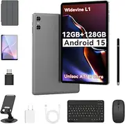 Android 15 Tablets, 10 Inch Tablet, P10 Tablet 12GB RAM+128GB ROM, Unisoc A75 8 Core CPU, Widevine L1, 1280x800 IPS HD 6000mAh, BT 5.0, WiFi (Android 15 tabelt with Accessories, Gray, 10.1 inch)
