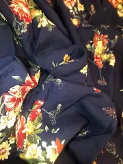 2yd(75")Lx60"W floral on navy rayon-like silky flowing drapey fabric, many uses