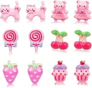 Mikovivi 6 Pairs Cute Clip on Drop Earrings, Resin No Pierced Design Kids Earrings Bear Cake Cat Strawberry Dress Up Eardrop Stud Jewelry for Party Gift, Medium, Resin, No Gemstone