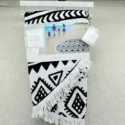 Resort-Style Beach Blanket Cotton 60" Diameter Fringe Trim Black White Aztec