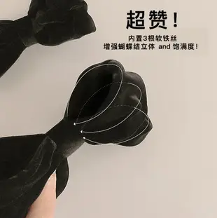 韓國新款蝴蝶結頭飾發夾女軟鐵絲立體黑色絲絨蝴蝶結后腦勺彈簧夾