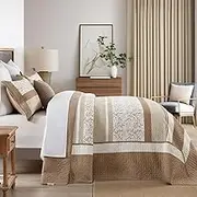Quilta 100% Cotton Bedspread Oversized Queen Size - 102"x120" Brown Stripe Quilt with Botanical Pattern, Lightweight Comforter, Textured and Luxurious Farmhouse Coverlet Bedding Set, Beige/Brown