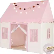 Large Kids Play Tent with Mat, XICEN Play Tent Indoor with Star Lights and Windows, Playhouse for Boys and Girls Aged 3+, Kid Tent with Mat Washable (Pink)