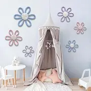 ShikaShito 6 Pcs Boho Daisy Nursery Wall Decor Set - Handwoven Macrame Wall Hanging Art with Cotton Rope & Yarn, Floral Bohemian Room Decor for Girls Bedroom, Baby Room, Dorm (Pink, Blue and Purple)