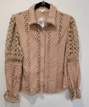 Ultra Pink Women's Long Sleeve Button Front Eyelet Top Mushroom Size Large NWT