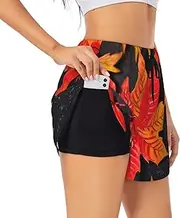[GaxfjRu] Fall Red Leaves Print Women's Running Shorts High Waisted Running Shorts Pocket Sporty Gym Elastic Short
