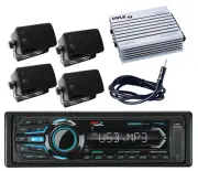 Marine Mp3 Bluetooth iPod AUX USB Radio&Amplifier,Antenna,4 Black Box Speakers