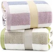 100% Cotton Bath Towels Set of 2, Highly Absorbent Towels for Bathroom, Hotel, Spa, Large Bathroom Towels Striped 55 x 27.5 Inches (Peach-Pink & Teal)(Green+Lilac)