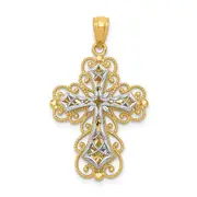 14k Two-tone Gold Gold Polished 2 Level Filigree Cross Pendant