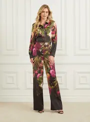 GUESS Women's Marciano Floral Slick Pants in Red Size: 40, Polyester