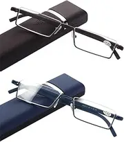 2 Pairs Half Frame Reading Glasses with Portable Case Thin Lightweight Reader Glasses with Spring Hinges for Women and Men