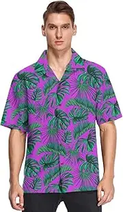[GuoChe] Hawaiian Mens Cotton Short Sleeve Button Down Shirts Tropical Palm Leaves Dating Camisas de Trabajo para Hombre